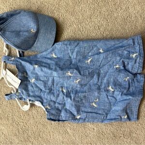 Janie and Jack Blue Denim Overalls and Cap Set with Dog Print